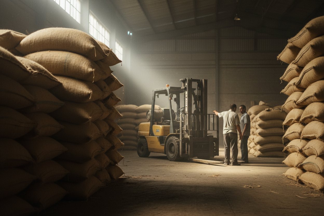 Graded green coffee going into export bags at the dry mill.