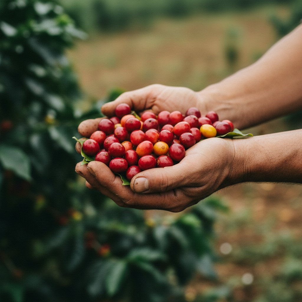 A handful of ripe coffee cherries, held open to the camera.