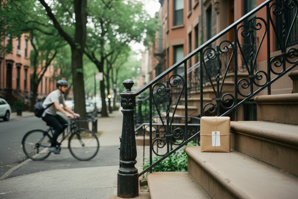 The first delivery handoff, with the bag and the recipient’s hand in frame.